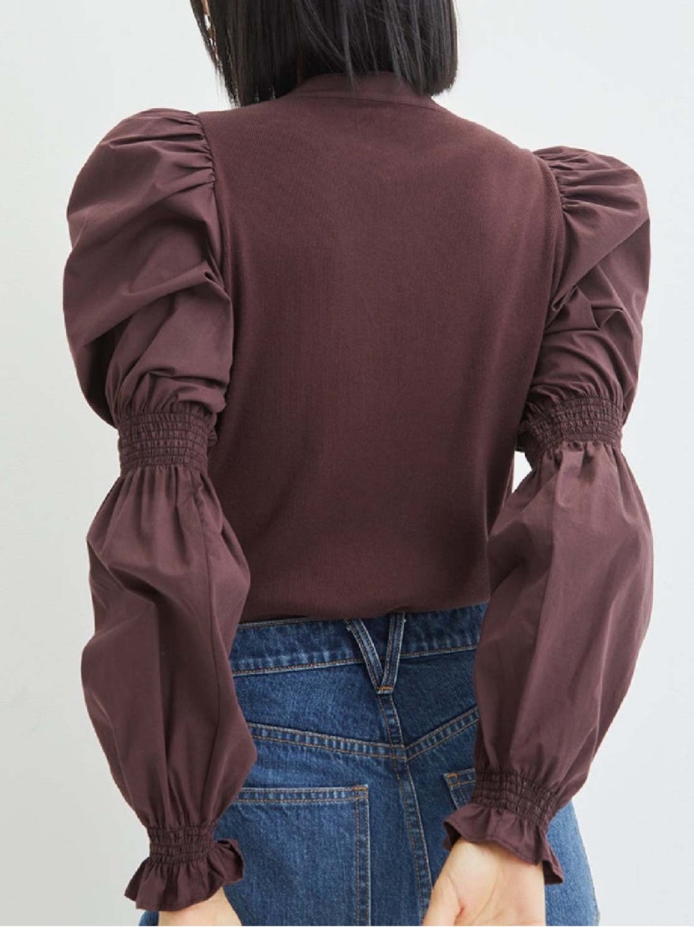 Veronica beard effy puff sleeve brown Pima cotton ribbed top oxblood sz xs euc - Picture 2 of 7